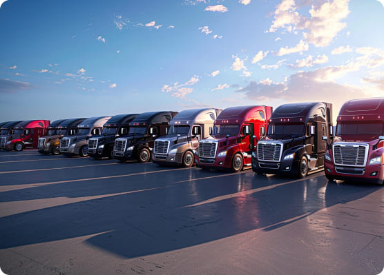 Row of modern semi trucks parked at sunset